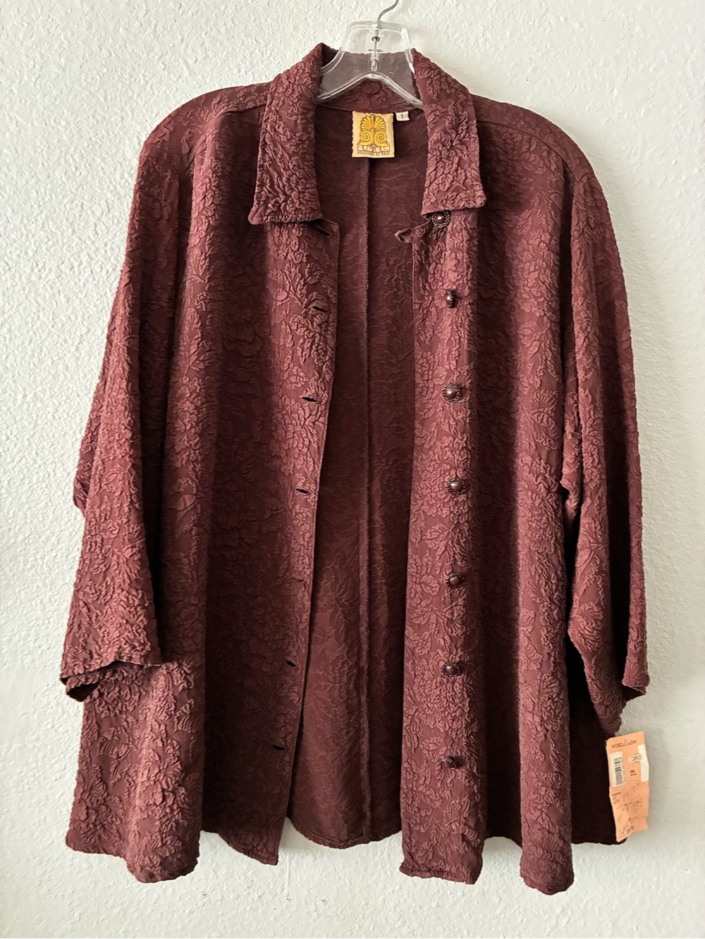 VTG Uru 1 Rasin 💯 Floral Embossed Silk Jewelry Style Button Lagenlook Oversized